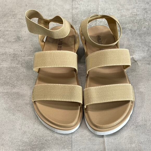 OLIVIA MILLER Women's Tan Nicola Round-Toe Stretchy Straps Slip-On Flat Sandals - Picture 4 of 10